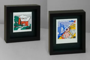 Two miniature Lichtenstein silk screen prints – Red Barn & Industry and the Arts (II)